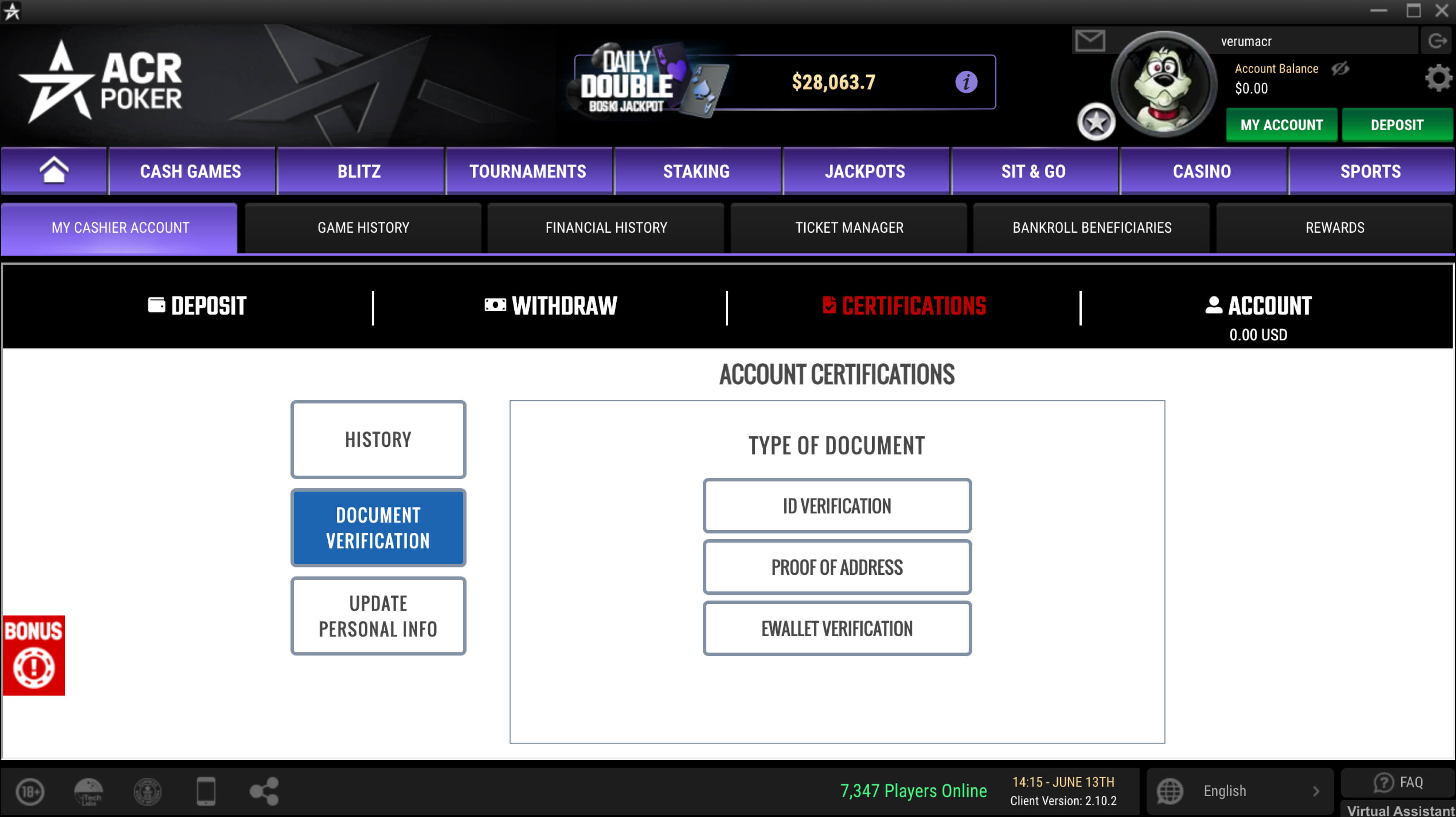 ACR Poker (Americas Cardroom) verification process with document requirements and submit button