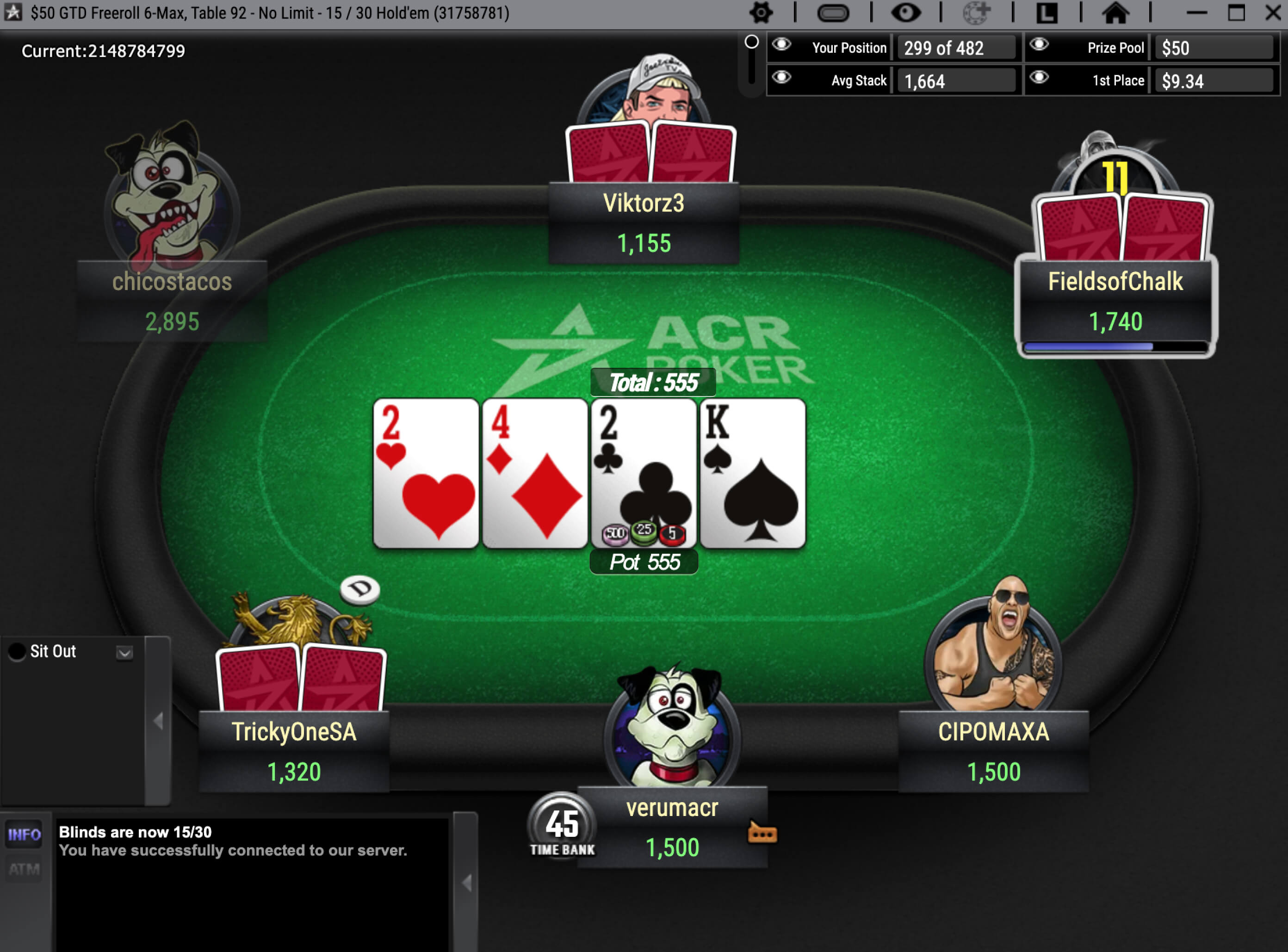 ACR Poker (Americas Cardroom) game table with players in the tournament and display of bets and winnings