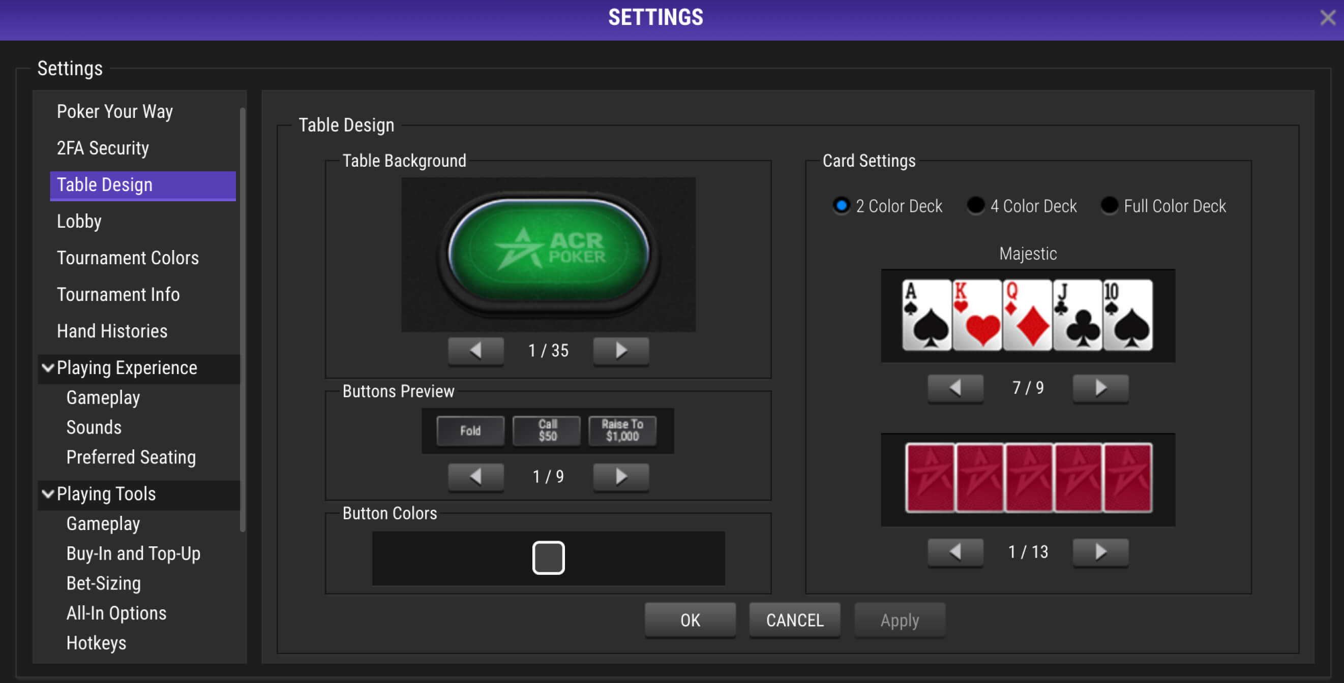 ACR Poker (Americas Cardroom) game table design settings with background color and card style options