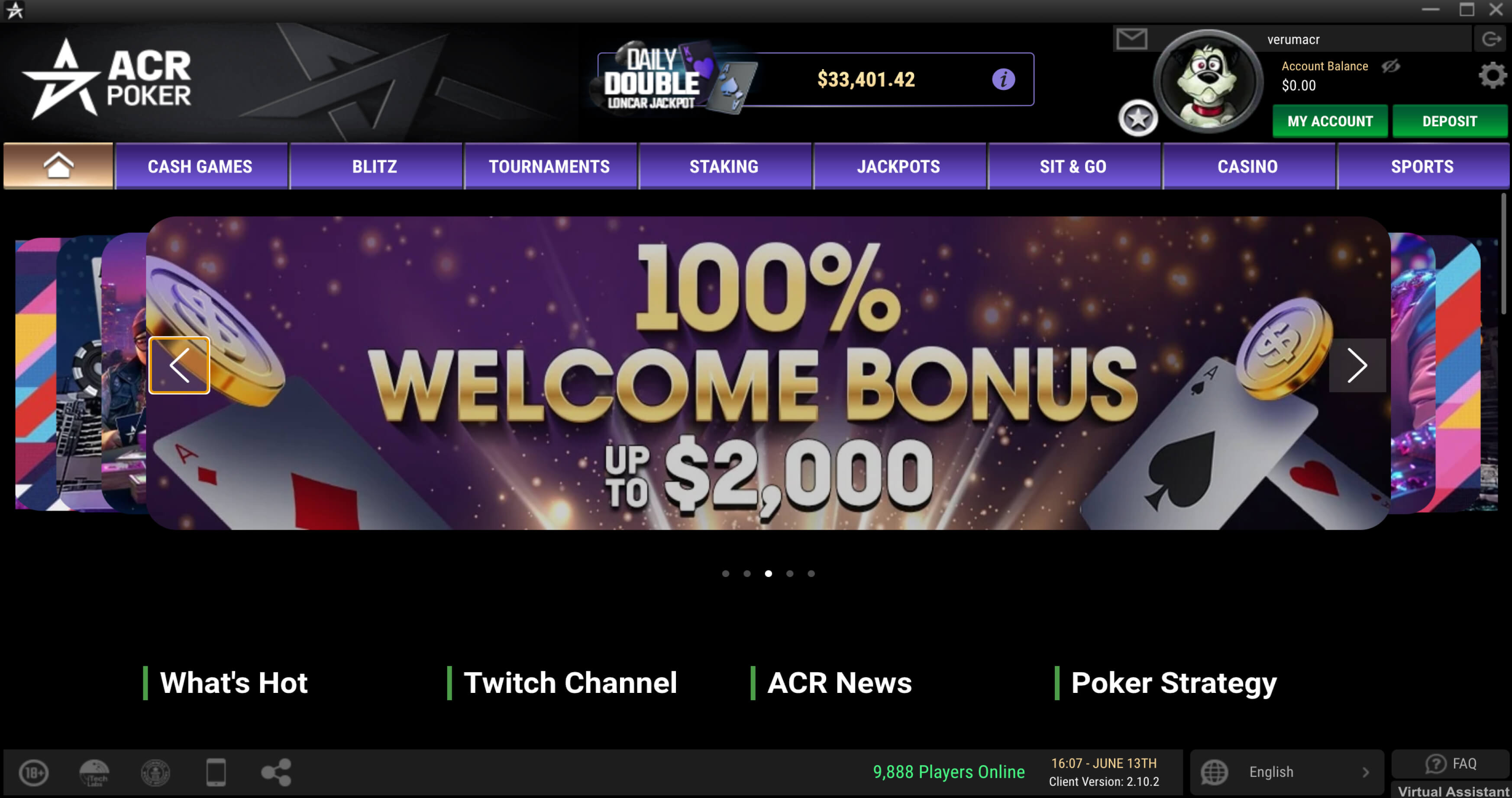 Home page of the ACR Poker (Americas Cardroom) app with banners of promotions and special offers